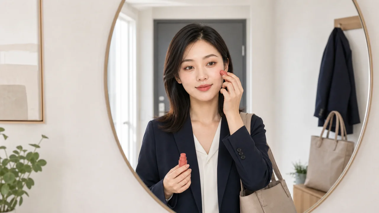 A compact five-minute makeup setup for a work morning
