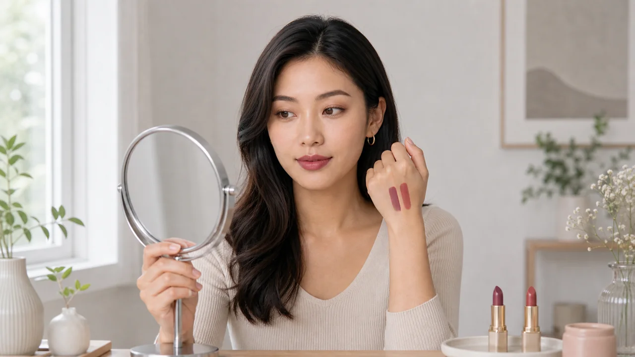 Comparing rose, peach, and berry lipstick swatches near the lips
