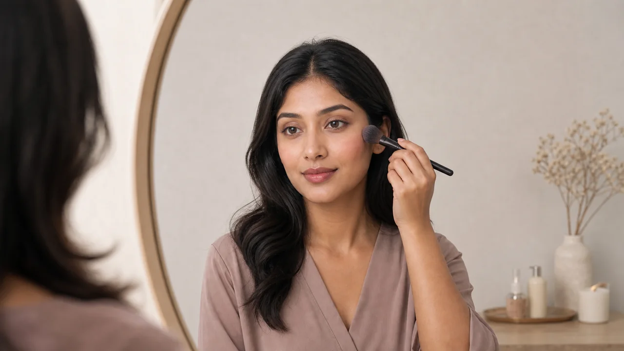 Placing blush from the outer cheek toward the temple