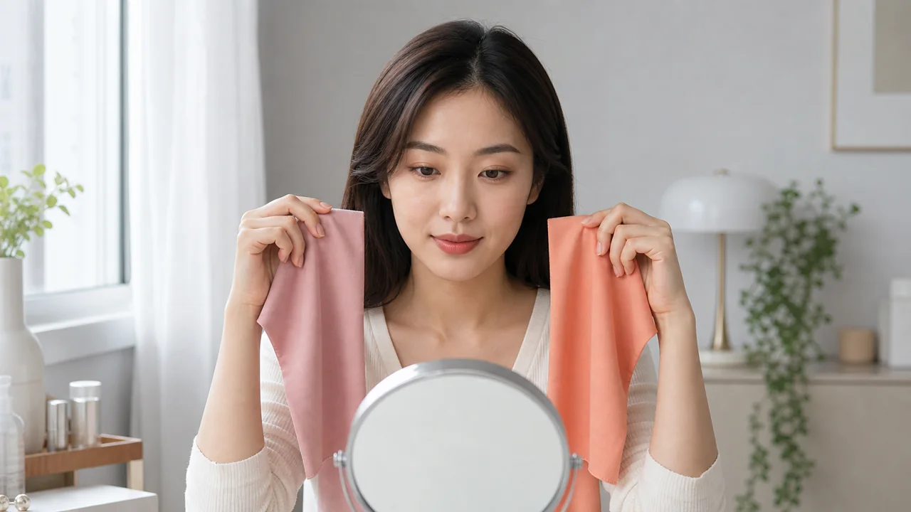 Comparing soft rose and coral fabric near the face in natural light