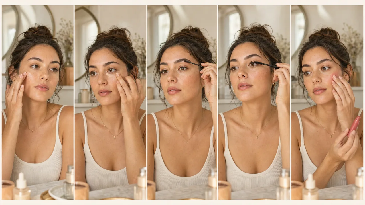 Five-step sequence showing skin tint, spot concealer, brow gel, mascara, and cream blush with lip tint