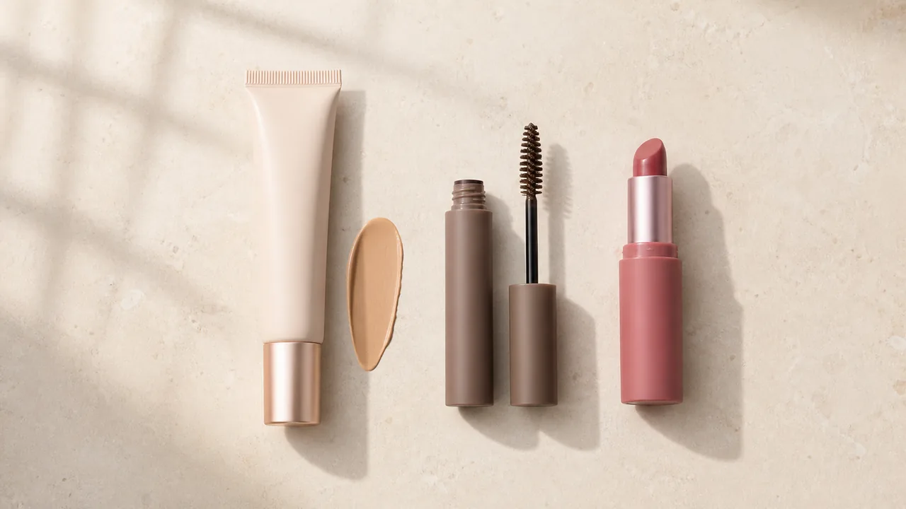 Skin tint, tinted brow gel, and rosy tinted lip balm arranged as a three-product makeup kit